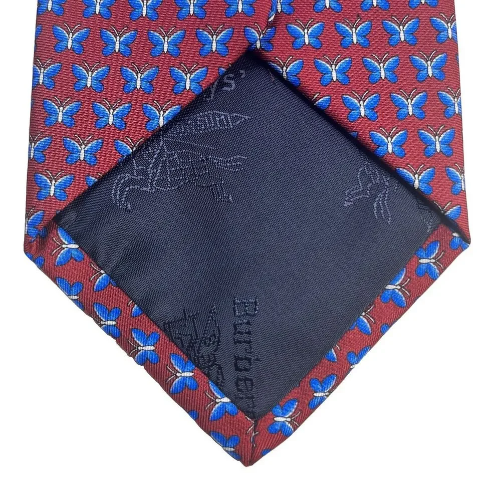 Vintage NWOT Burberrys Tie Mens Burgundy Blue Butterfly Pattern 100% Silk